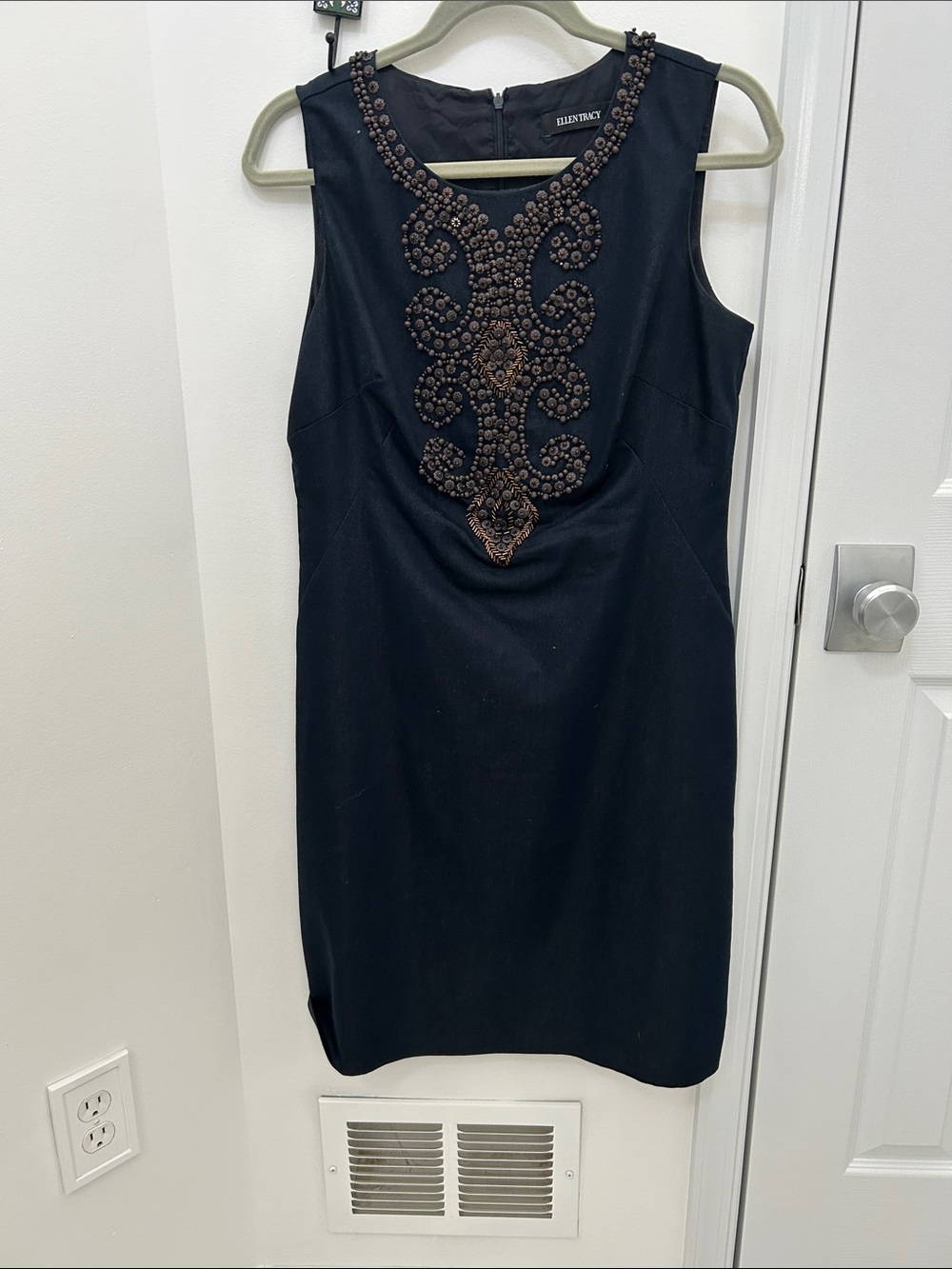 Ellen Tracy Navy Blue Dress with Bronze Beaded Placket